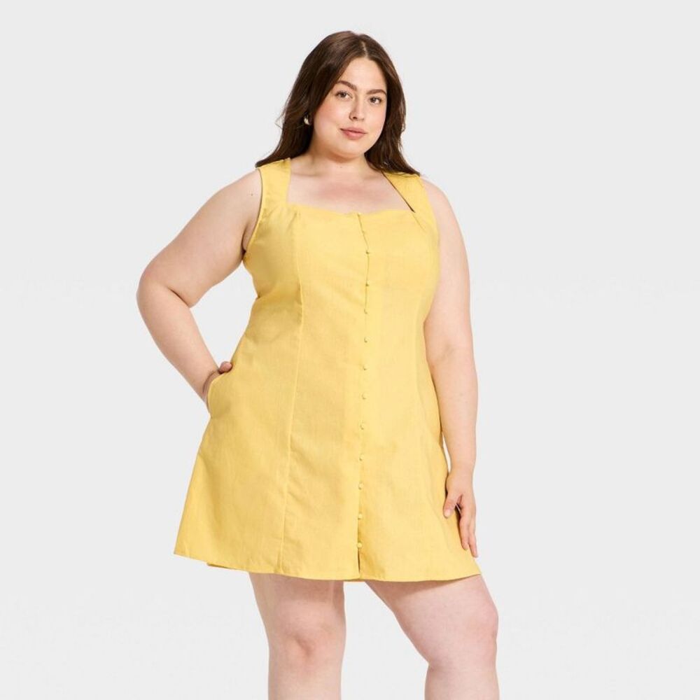Women's Button-Up Mini Dress - A New Day Yellow 2X